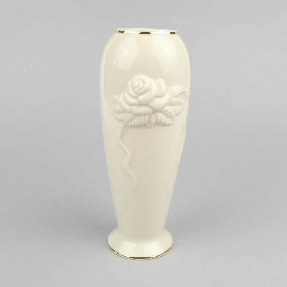 Lenox‎ Ivory 24K Gold Trim Rose Floral Large Vase 7.5